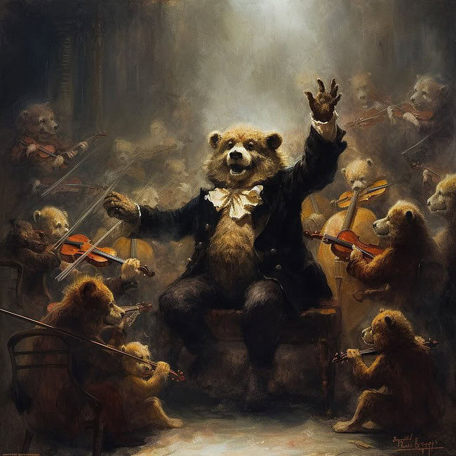 A bear conducting an orchestra of bear musicians, Rembrandt style