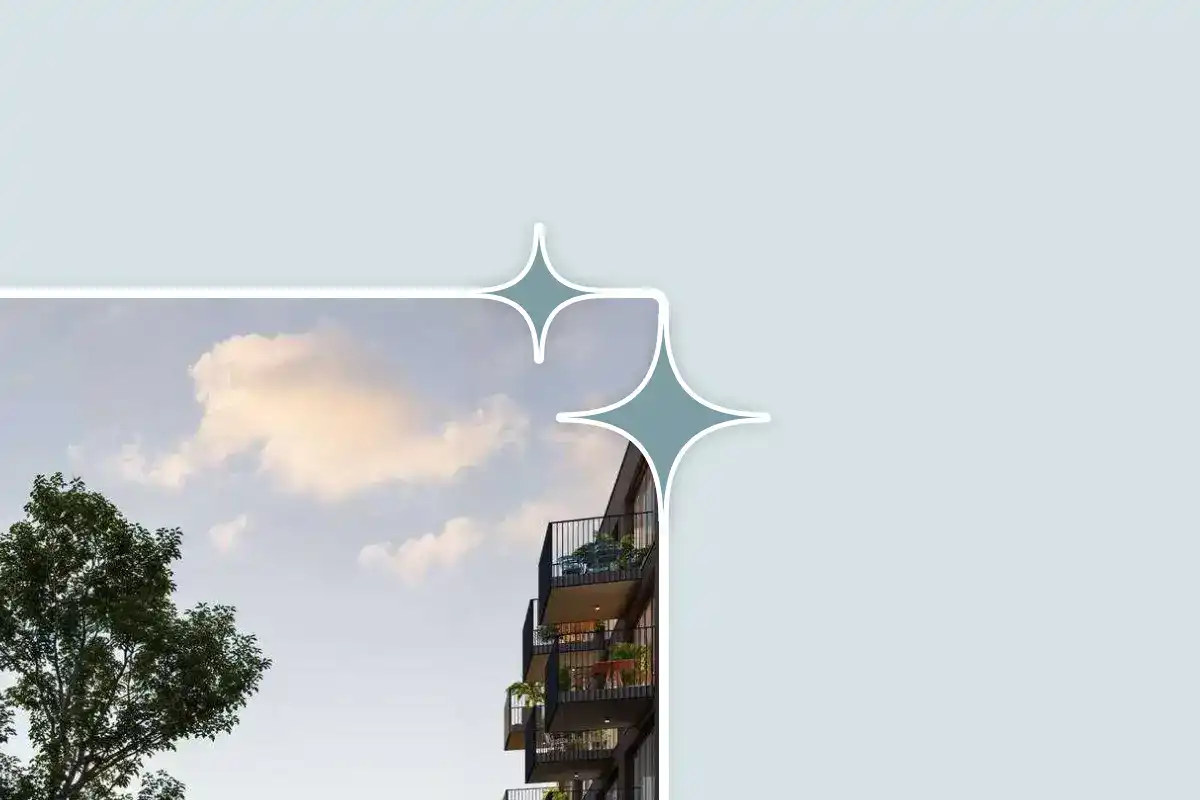 Zicht op modern appartement met balkon en groene omgeving onder een heldere hemel.