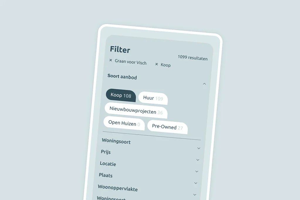 1. Filteropties voor woningzoekenden op Sturdy Digital, inclusief aankoop, nieuwbouw en pre-owned woningen, voor optimale online vastgoedmarketing.