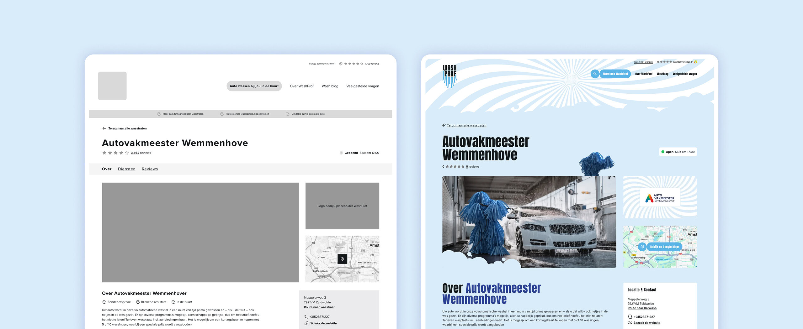 Wireframe en visueel design van de jobs overzicht pagina op desktop naast elkaar.
