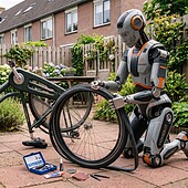 Robothond met menselijke kenmerken repareert een fietsband in een tuin, met gereedschap en een fietspomp op de grond.